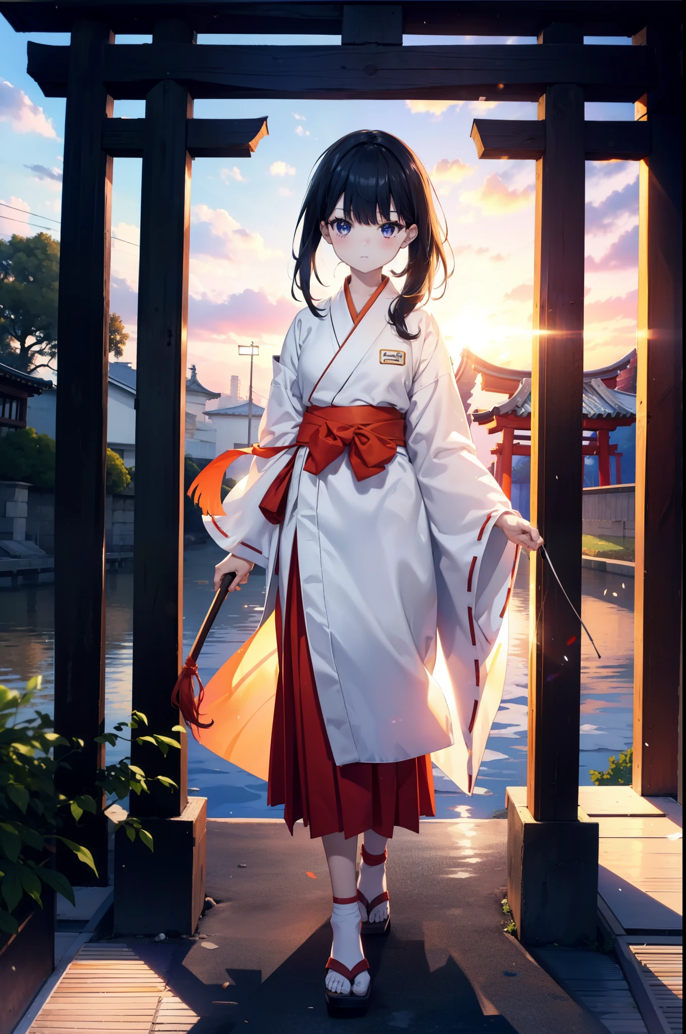Rikka body, Black Hair, blue eyes, Long Hair, orange Scrunchie, Scrunchie, wrist Scrunchie,White Kimono, kimono,Red Hakama,White tabi,Sandals Wide Sleeve, Long sleeve, Ribbon-trimmed sleeves, Blunt bangs, Low ponytail, Are standing,whole bodyがイラストに入るように,sunset,evening,The sun is setting,
break indoors, shrine,torii,
break looking at viewer, whole body,
break (masterpiece:1.2), Highest quality, High resolution, unity 8k wallpaper, (figure:0.8), (Beautiful attention to detail:1.6), Highly detailed face, Perfect lighting, Highly detailed CG, (Perfect hands, Perfect Anatomy),