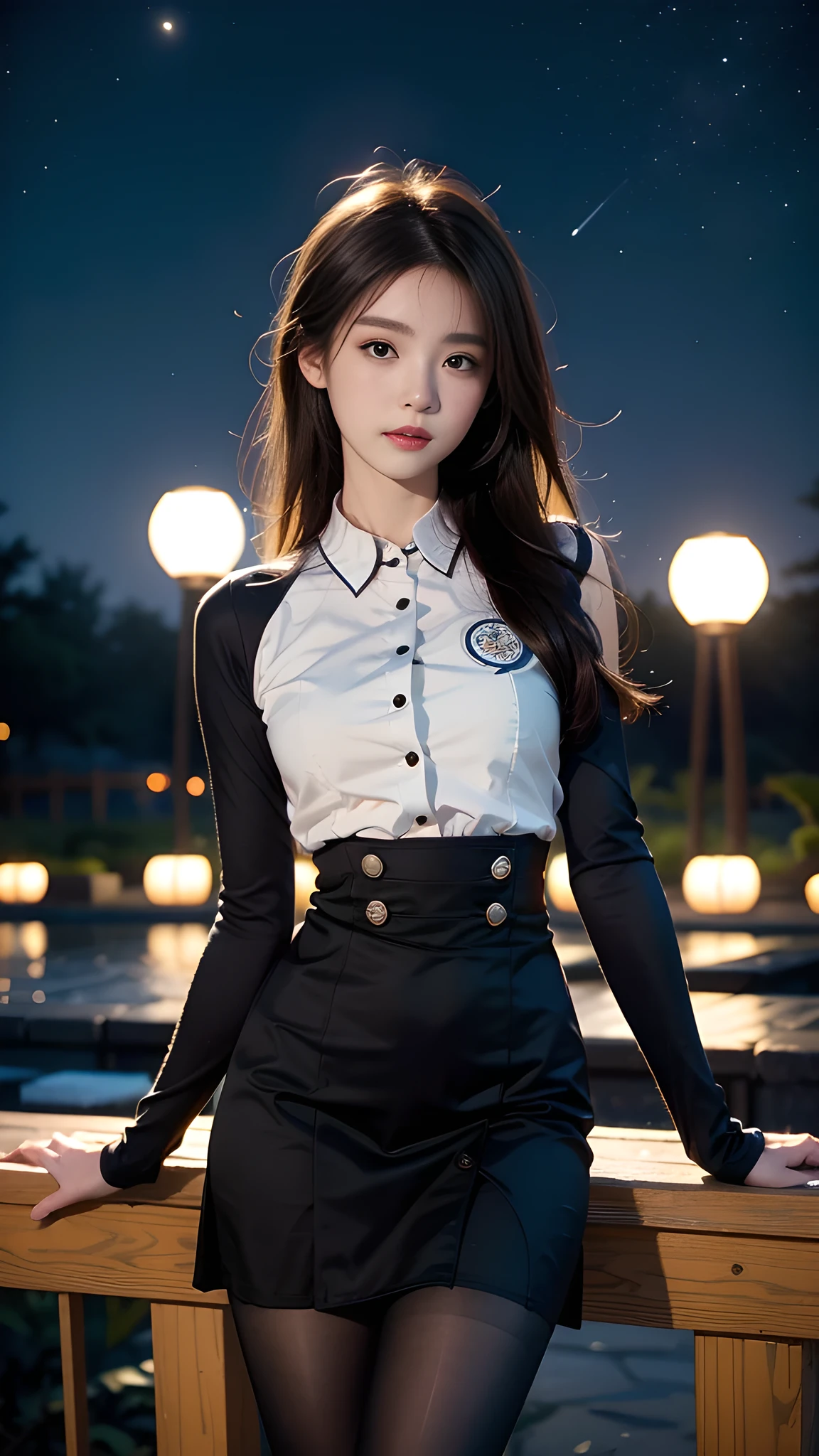 ulzzang-6500-v1.1, (RAW photo: 1.2), (Real photo), (Real photo: 1.4), 1 girl、Perfect anatomy、20 years old、Looking at the camera、Medium length hair、uniform dress, skirt, in a surreal royal garden, under the starry night, ((starry night: 1.1))、(Surreal tights: 1.2), (Business service)、Asian eyes Ella,