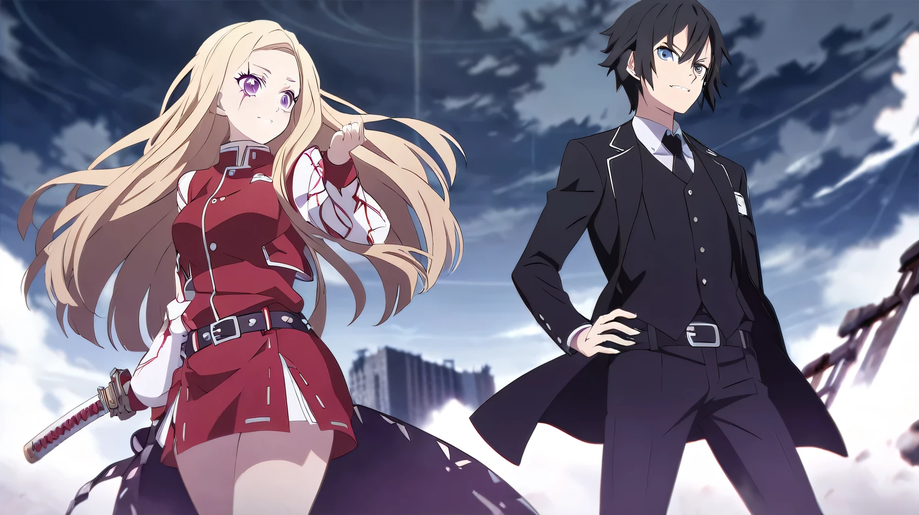 Anime Styles, Vs Styles, Crossover, 1Male(Black Hair, violet eyes, scar on face, Black Suit, holding a gun, Kimetsu No Yaiba style, Male, man) 1Female(blonde hair, long hair, Blue eyes, Sexy outfit, Red outfit, Leather belt, sword, Sword art online style, Female, Girl), Destroyed city background with covered in clouds,ANIME LOGO, HD, MOVIE