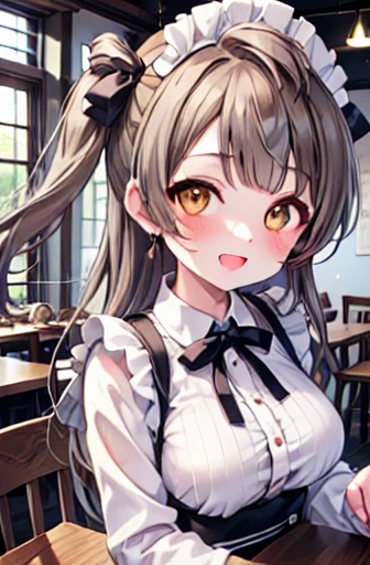 Minami Kotori, Minami Kotori, Brown Hair, (Brown eyes:1.5),,One side up,Open your mouth,smile,blush, hair ribbon, ribbon, Long Hair,headdress, dress, apron, Looking at the audience, clavicle, cute, smile, Open your mouth, alone, Long sleeve, indoor, Cafe, rest, food, drink, Tables and chairs, cleaning, tray, tray in one hand
break looking at viewer,
break indoors, coffee shop, 
break (masterpiece:1.2), Highest quality, High resolution, unity 8k wallpaper, (shape:0.8), (Fine and beautiful eyes:1.6), Highly detailed face, Perfect lighting, Highly detailed CG, (Perfect hands, Perfect Anatomy),Large Breasts