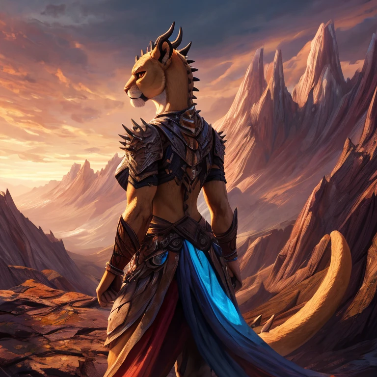 Masterpiece, best quality, high quality, 1Half-Lioness Half-Dragon female creature, Solo, has dragon horns, spikes on her back, has Orange eyes, standing on the edge, in the Brown Mountain, 4k, highres, detailed, Fantasy, digital art, concept art, vibrant colors, dramatic lighting, dynamic pose, sunny day