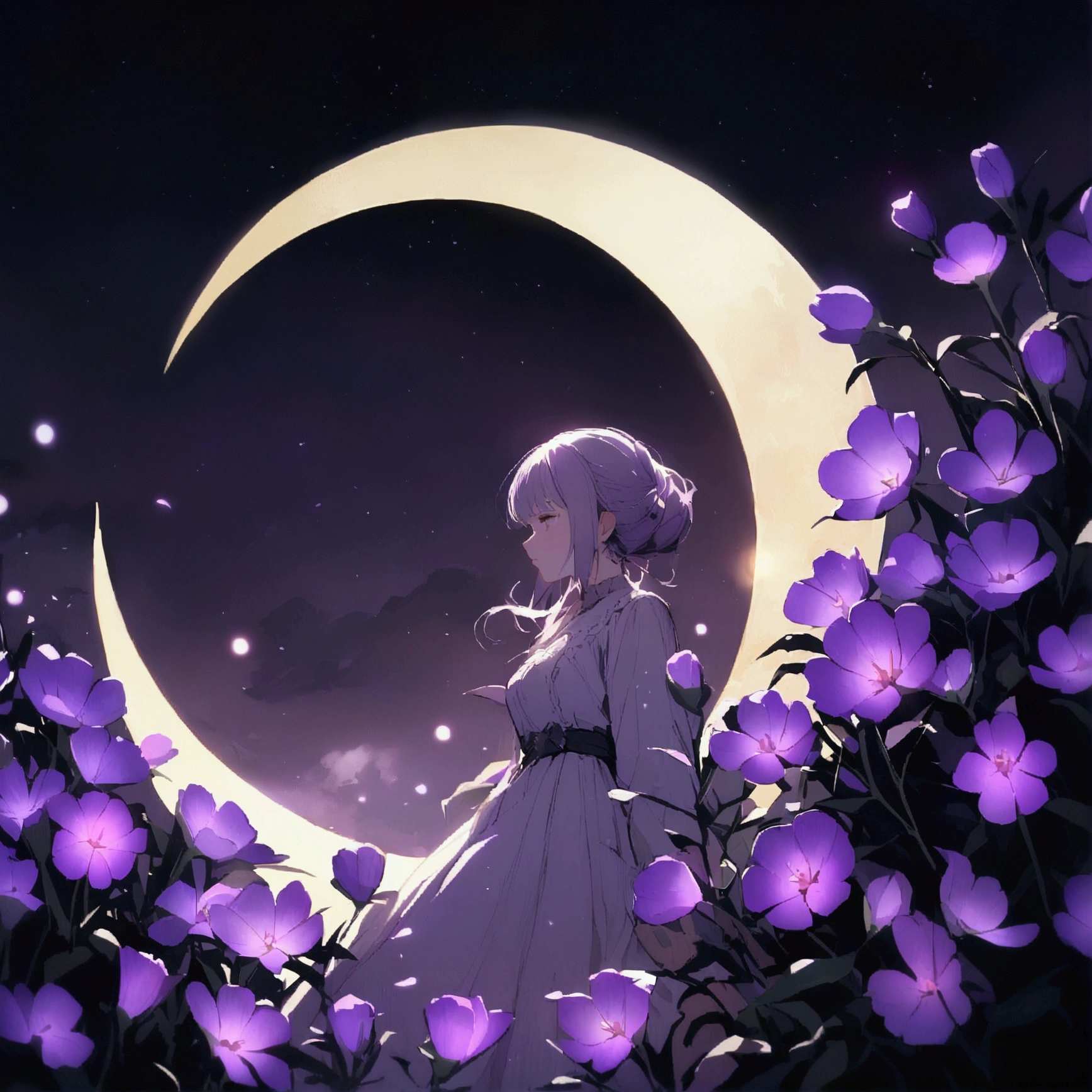 Woman surrounded by purple flowers Simple Nostalgic Large crescent moon