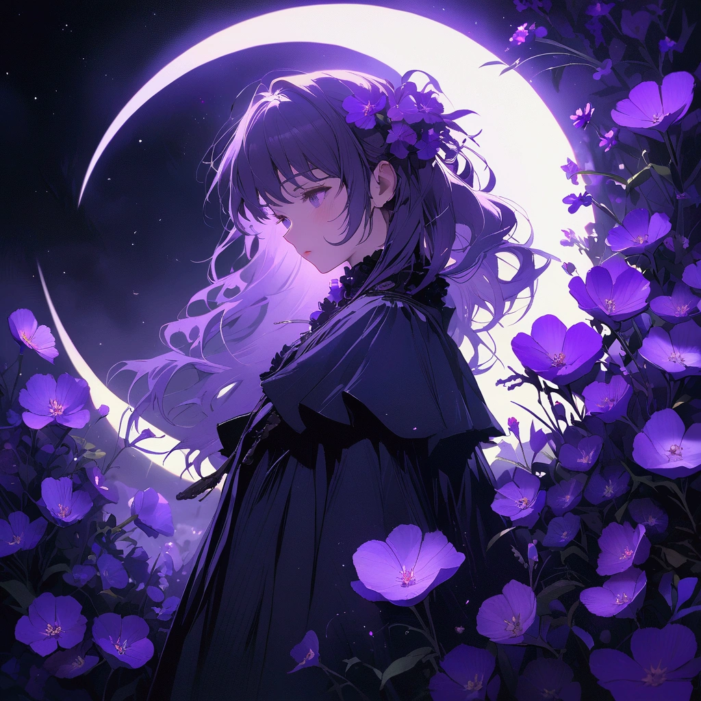 Woman surrounded by purple flowers Simple Nostalgic Large crescent moon