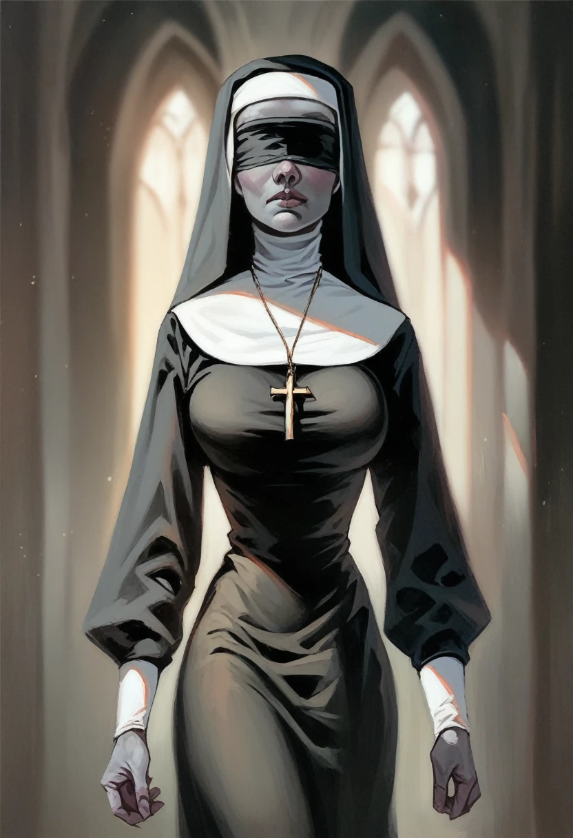 1girl,slender body,grey skin,nun headpiece,black dress,skirt,blindfold,round breasts.pov,beautiful,cinematic lighting