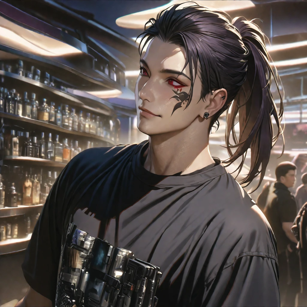 a handsome man with long straight black hair in a ponytail, short haircut, red eyes, facial tattoos, wearing a large black casual outfit, silver accessories, simple purple background, face up, smiling, tongue out, sexy, highly detailed, photorealistic, 8k, hyperrealistic, digital art, concept art, dramatic lighting, cinematic shot, professional photography, chiaroscuro