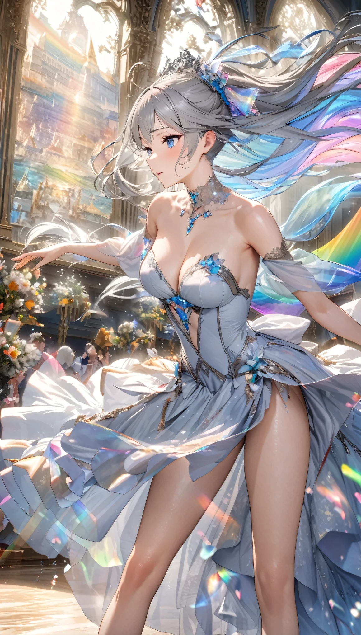 best quality, Super Fine, 16K, Ridiculous, Extremely detailed, 2.5D, Delicate and dynamic, Cute and beautiful princess, Hairstyle, Attractive appearance, Excellent body proportions, Wearing a beautiful princess dress,There are many transparent and translucent rainbow-colored flowers on it., Accessories, Dance, (Motion blur, Motion Blur, Speed Lines: 0.5), wind, wind effect, glitter effects, background, Palace Banquet Hall