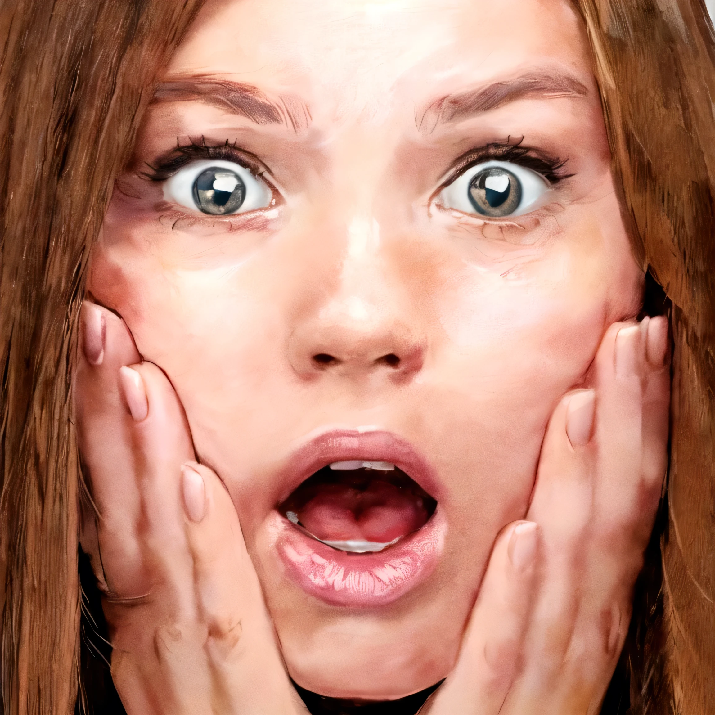 there is a woman with her hands on her face and a surprised expression, wide eyes Shocked facial expression, Shocked facial expression on her face, surprised expression, expressive surprised expression, Shocked facial expression, surprised expression, surprised expression on her face, huge surprised eyes, Frightened expression, Frightened expression, looking surprised, Scary face, very surprised, Excited expression, surprised, surprised frown