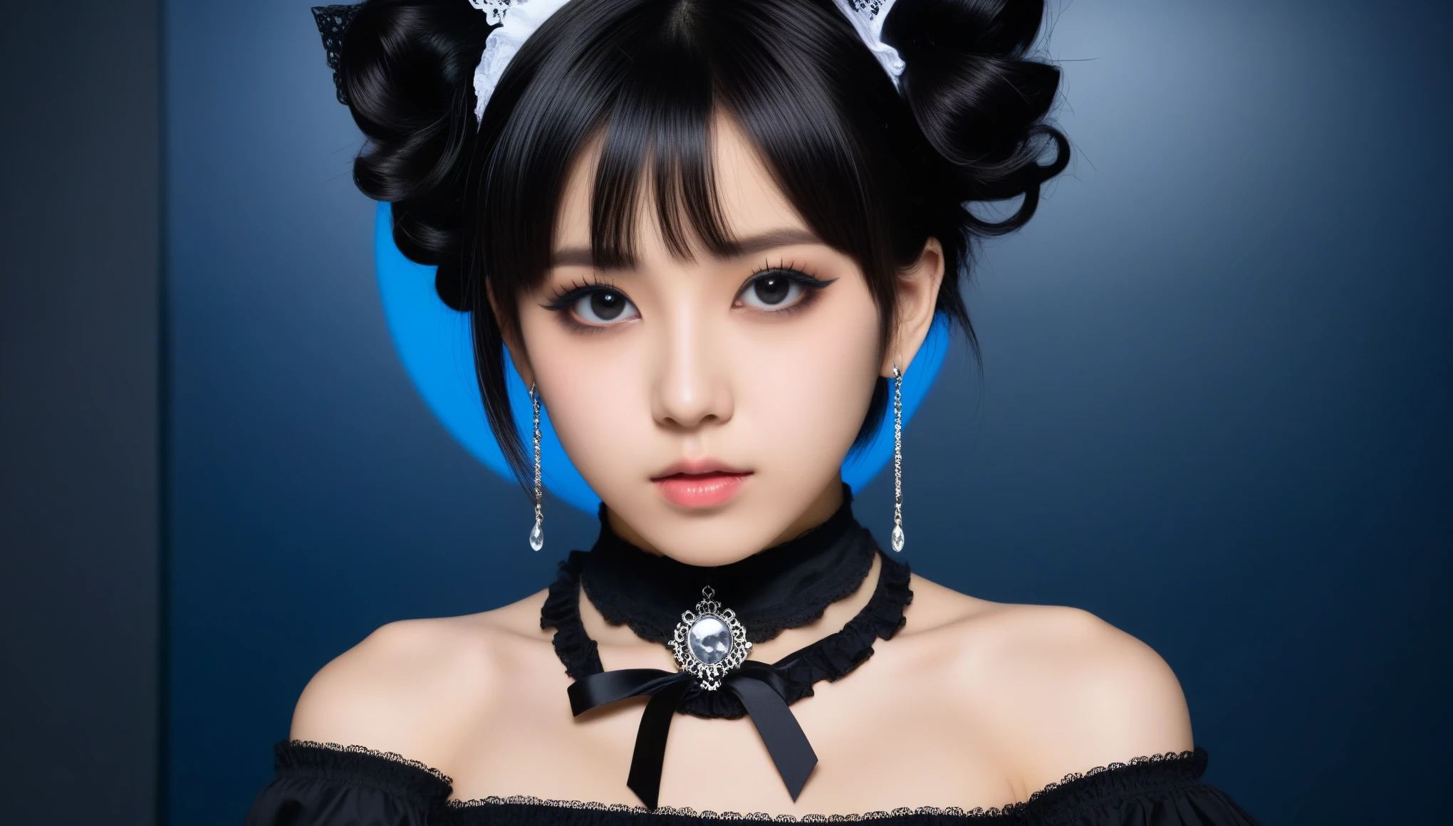 8k, Ultra-high resolution, Highest quality, masterpiece, 三分割法によるphotograph,Surreal, photograph, 1 Girl, (16 years old:1.3), pretty girl, Cute Face, Beautiful eyes in every detail, 細かくdetailedに,masterpiece,One Girl:1.2,Japanese female announcer,extream close up,Serious expression,Black short hair,Messy hair,Maid Android,((Fusion of Gothic Lolita and Lolita fashion:1.3)),bracelet, chest, choker, clavicle, Earrings,Futuristic cityscape ,Perfect and beautiful face ,完璧でCute Face, Skin with attention to detail, Perfect limbs、Narrow waist,Looking at the audience,(((Ideal body type))),Aカップの小さなchest :2,Portraiture:2,Perfect Anatomy,鮮明なdetailed,detailed,Surreal,Light and shadow,spotlight