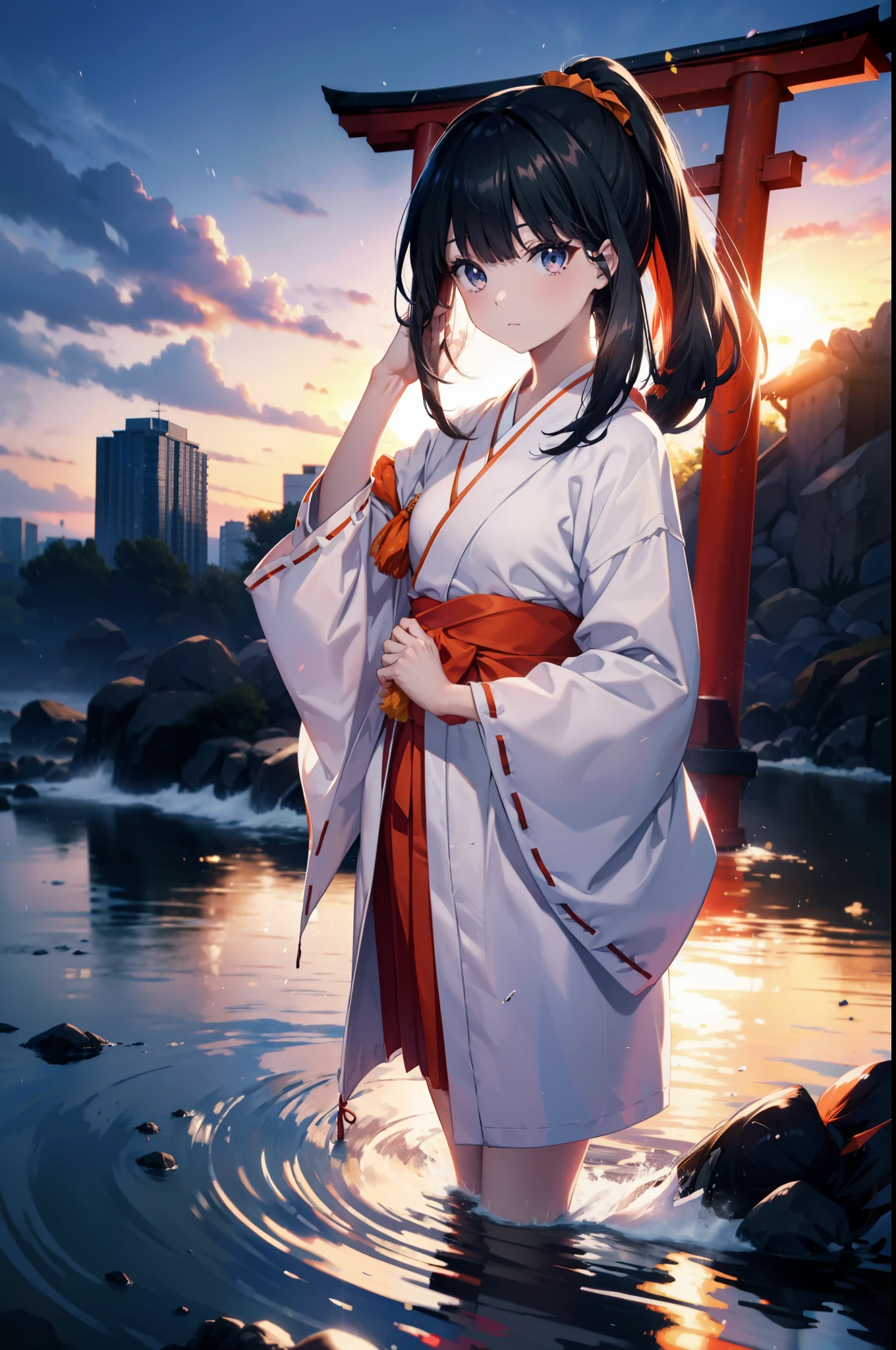 Rikka body, Black Hair, blue eyes, Long Hair, orange Scrunchie, Scrunchie, wrist Scrunchie,White Kimono, kimono,Red Hakama,White tabi,Sandals Wide Sleeve, Long sleeve, Ribbon-trimmed sleeves, Blunt bangs, Low ponytail, Are standing,whole bodyがイラストに入るように,sunset,evening,The sun is setting,
break outdoors, shrine,torii,
break looking at viewer, whole body,
break (masterpiece:1.2), Highest quality, High resolution, unity 8k wallpaper, (figure:0.8), (Beautiful attention to detail:1.6), Highly detailed face, Perfect lighting, Highly detailed CG, (Perfect hands, Perfect Anatomy),