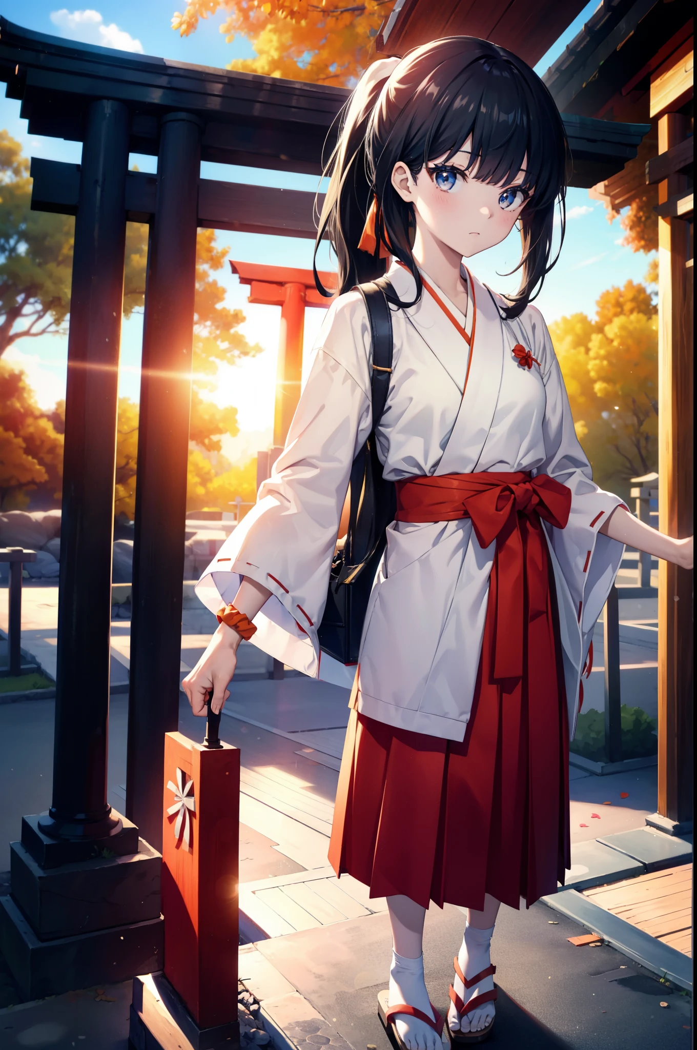 Rikka body, Black Hair, blue eyes, Long Hair, orange Scrunchie, Scrunchie, wrist Scrunchie,White Kimono, kimono,Red Hakama,White tabi,Sandals Wide Sleeve, Long sleeve, Ribbon-trimmed sleeves, Blunt bangs, Low ponytail, Are standing,whole bodyがイラストに入るように,sunset,evening,The sun is setting,
break outdoors, shrine,torii,
break looking at viewer, whole body,
break (masterpiece:1.2), Highest quality, High resolution, unity 8k wallpaper, (figure:0.8), (Beautiful attention to detail:1.6), Highly detailed face, Perfect lighting, Highly detailed CG, (Perfect hands, Perfect Anatomy),