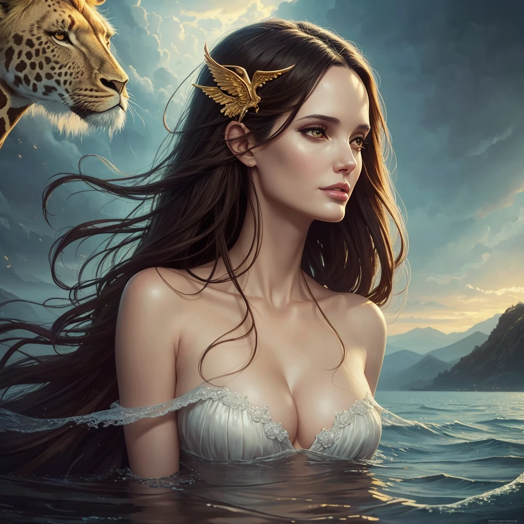 golden hour, front view oil painting of a woman with face of Winona Ryder morphed with Angelina Jolie laughing with gigantic hairdo floating on water, giraffe morphed with lion emerges from water in the background, tears of joy, storks, stunning digital illustration, beautiful fantasy art portrait, a beautiful artwork illustration, charlie bowater rich deep colors, artstyle tom bagshaw, beautiful digital illustration, beautiful fantasy portrait, portrait of a dark fantasy nymph, exquisite digital illustration, in style of anna dittmann