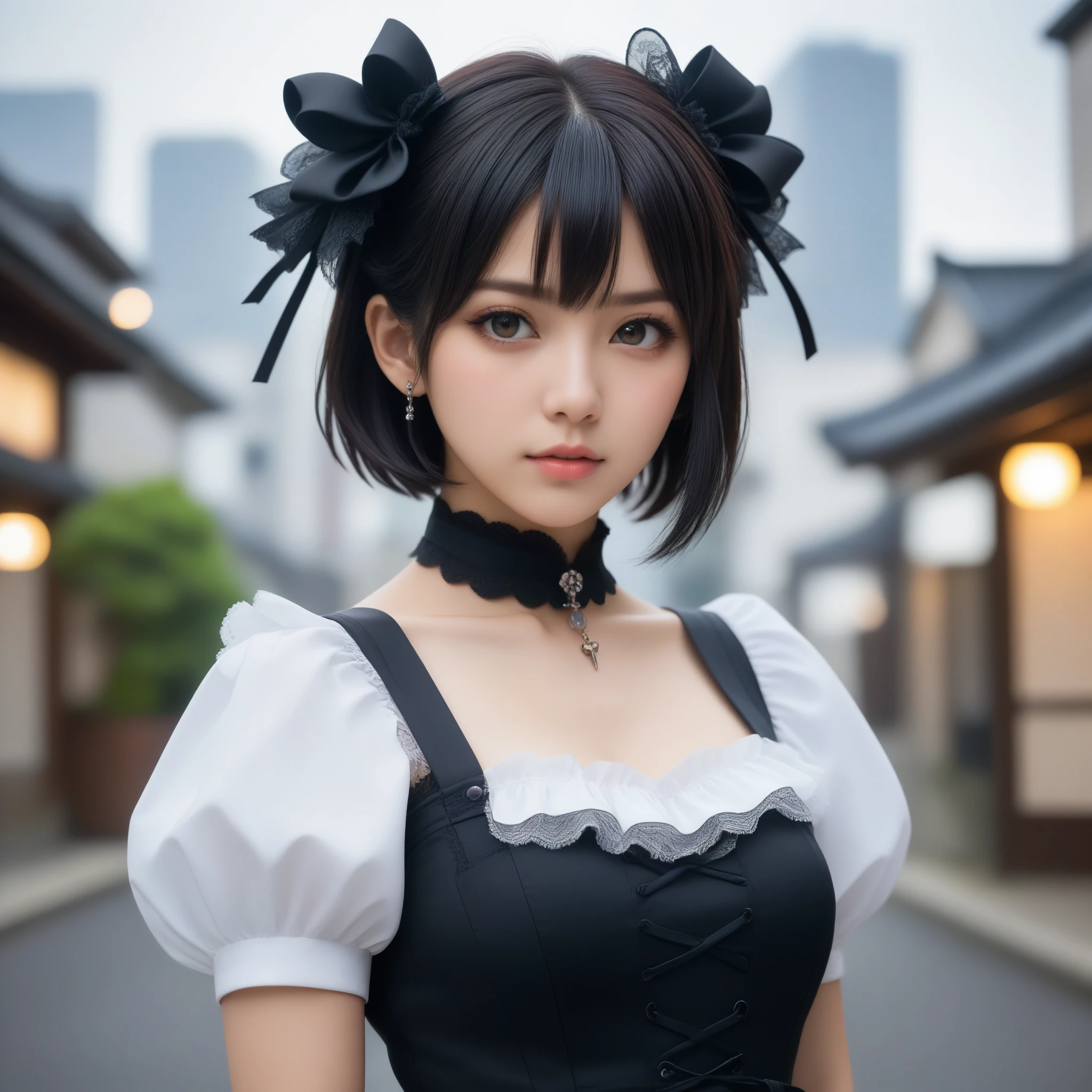 8k, Ultra-high resolution, Highest quality, masterpiece, 三分割法によるphotograph,Surreal, photograph, 1 Girl, (16 years old:1.3), pretty girl, Cute Face, Beautiful eyes in every detail, 細かくdetailedに,masterpiece,One Girl:1.2,Japanese female announcer,extream close up,Serious expression,Black short hair,Messy hair,Maid Android,((Fusion of Gothic Lolita and Lolita fashion:1.3)),bracelet, chest, choker, clavicle, Earrings,Futuristic cityscape ,Perfect and beautiful face ,完璧でCute Face, Skin with attention to detail, Perfect limbs、Narrow waist,Looking at the audience,(((Ideal body type))),Aカップの小さなchest :2,Portraiture:2,Perfect Anatomy,鮮明なdetailed,detailed,Surreal,Light and shadow,spotlight