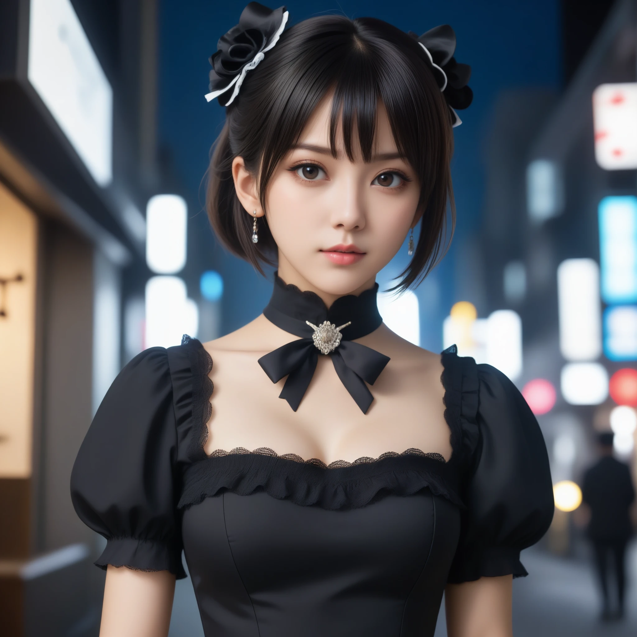 8k, Ultra-high resolution, Highest quality, masterpiece, 三分割法によるphotograph,Surreal, photograph, 1 Girl, (16 years old:1.3), pretty girl, Cute Face, Beautiful eyes in every detail, 細かくdetailedに,masterpiece,One Girl:1.2,Japanese female announcer,extream close up,Serious expression,Black short hair,Messy hair,Maid Android,((Fusion of Gothic Lolita and Lolita fashion:1.3)),bracelet, chest, choker, clavicle, Earrings,Futuristic cityscape ,Perfect and beautiful face ,完璧でCute Face, Skin with attention to detail, Perfect limbs、Narrow waist,Looking at the audience,(((Ideal body type))),Aカップの小さなchest :2,Portraiture:2,Perfect Anatomy,鮮明なdetailed,detailed,Surreal,Light and shadow,spotlight