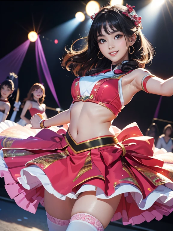 (Highest quality、 8k 、masterpiece、High resolution)、(Dancer)、Full Body Shot、15 year old girl、Idol Group、cute、Dancing with a smile、Outdoor Stage、AKB48 Costumes、Realistic、Official Art、Detailed CG、Professional Lighting、Professional photographer、(Depth of written boundary:1.3)、
