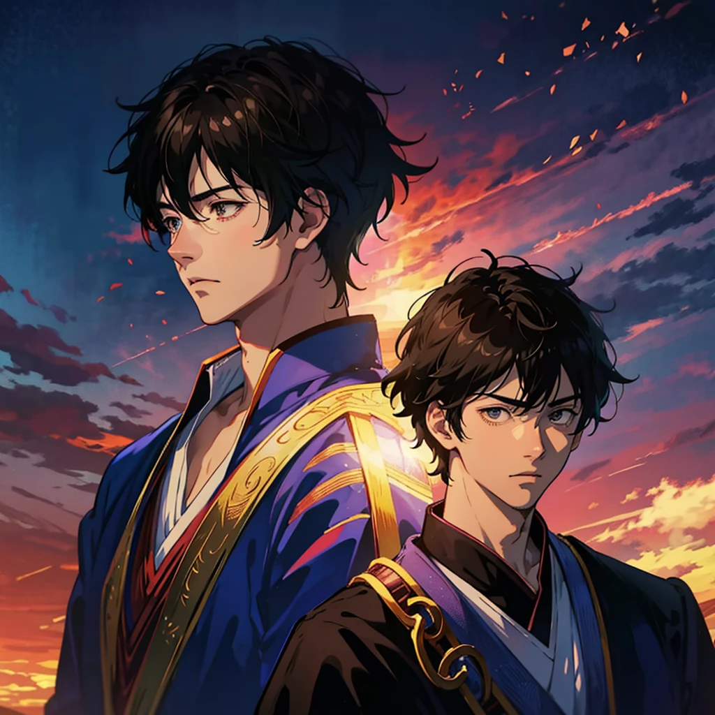 anime boy with a blue shirt is looking to his left, an anime drawing by Eizan Kikukawa, pixiv, serial art, handsome anime pose, Kentaro Miura art, anime portrait of a handsome man, Kentaro Miura manga art style, conrad roset and makoto shinkai, Kentaro Miura art style, anime handsome man、Handsome、profile、colorful、Lens flare、Looks smart、colorfulで幻想的な背景、Close-up、Concept Art、Two Block、Up Bang、all back、Perm、Brown Hair、Windblown hairstyle、Give on bangs、Put your hand on your chin