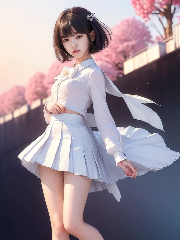 (masterpiece、Highest quality:1.7)、(12 years old:1.5)、(Full body shot from behind:1.5)、Bobcut、Black Hair、85mm、16K、Official Art、RAW Photos、Best Beautiful Faces、Close-up、Violet、Gardenia、((The best beautiful girl、very cute))、Red blush on cheeks、((In the office))、(Are standing:1.8)、Film Grain、Chromatic Aberration、Sharp Focus、(((Nice hands、Perfect hands、Perfect Fingers、Thin and delicate fingers、A perfect body without flaws)))、Detailed face、(Slender body:1.5)、(Slender body:1.3)、(Slim upper body:1.2)、(Small and flat bust:1.7)、(Narrow thighs:1.3)、(Let your bangs hang down:1.8)、(Blushing:1.8)、(Low contrast lighting:1.4)、(襟t付きのwhiteタイトビジネスブラウス:1.5)、((white)Bowtie blouse:1.5)、(Long sleeve: 1.4)、(The length is very short(white)Pleated silk mini skirt:1.7)、(whiteスクールソックス:1.5),(Cover your chest with your palms:1.7),(The wind is blowing up her skirt:1.8),(Low angle from below:1.6)