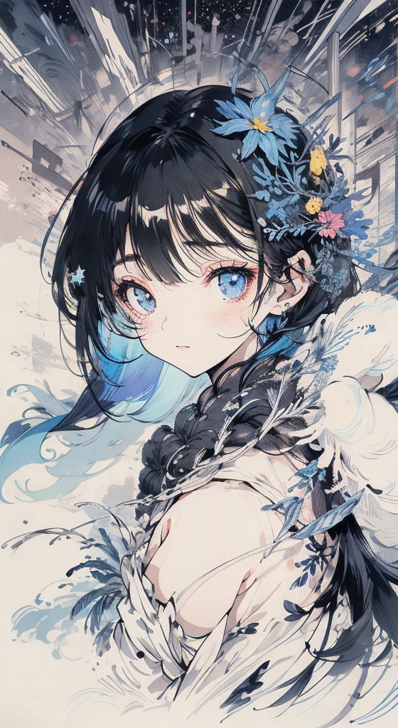 beautiful girl with starry eyes, long black hair, blue accessories, wearing a beautiful pretty blue dress