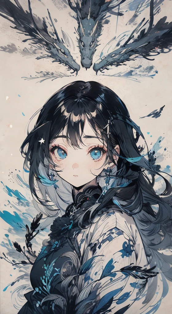 beautiful girl with starry eyes, long black hair, blue accessories, wearing a beautiful pretty blue dress