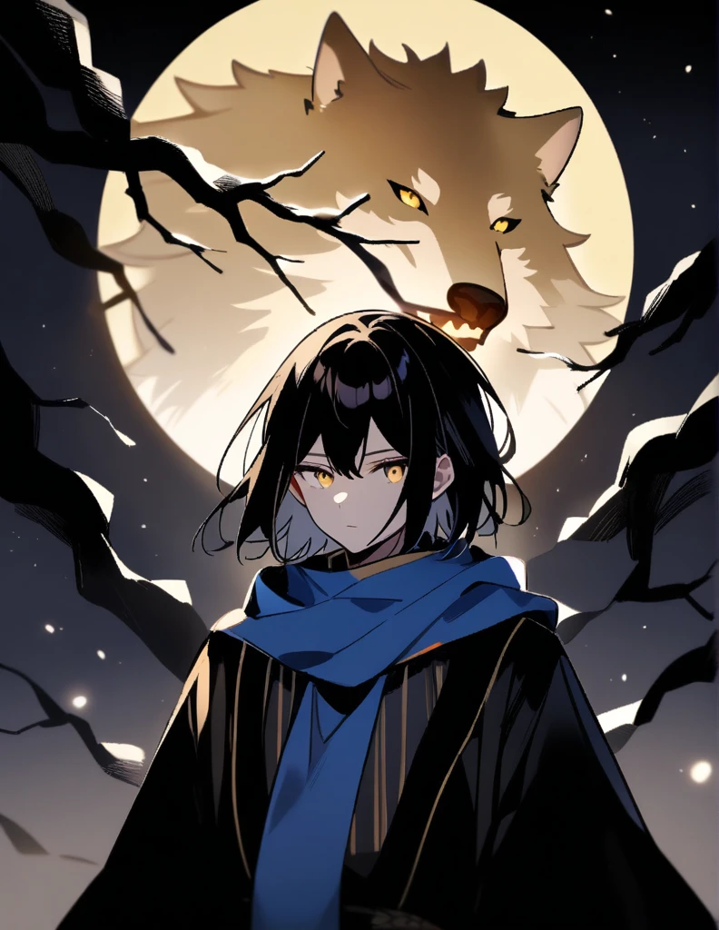 Short wolf hair, black kimono, blue scarf, dark night, yellow full moon, brown eyes, male