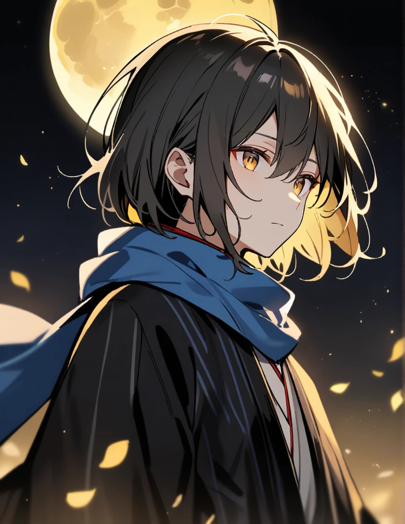 Short wolf hair, black kimono, blue scarf, dark night, yellow full moon, brown eyes, male