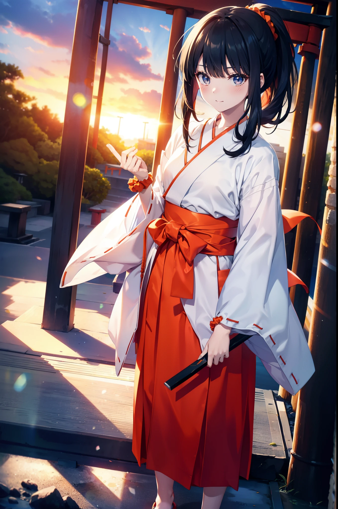Rikka body, Black Hair, blue eyes, Long Hair, orange Scrunchie, Scrunchie, wrist Scrunchie,smile,blush,White Kimono, kimono,Red Hakama,White tabi,Sandals Wide Sleeve, Long sleeve, Ribbon-trimmed sleeves, Blunt bangs, Low ponytail, Are standing,whole bodyがイラストに入るように,sunset,evening,The sun is setting,
break outdoors, shrine,torii,
break looking at viewer, whole body,
break (masterpiece:1.2), Highest quality, High resolution, unity 8k wallpaper, (figure:0.8), (Beautiful attention to detail:1.6), Highly detailed face, Perfect lighting, Highly detailed CG, (Perfect hands, Perfect Anatomy),