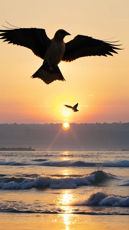 Show the morning time. Two birds are seen flying in the sky. The golden rays of sunrise are spreading all around.
