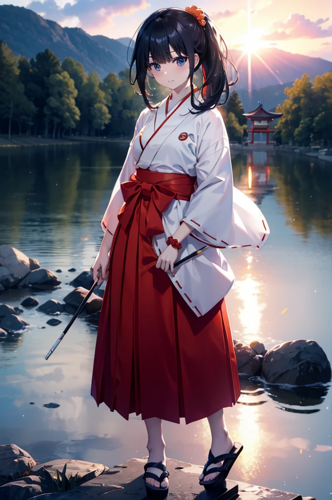 Rikka body, Black Hair, blue eyes, Long Hair, orange Scrunchie, Scrunchie, wrist Scrunchie,smile,blush,White Kimono, kimono,Red Hakama,White tabi,Sandals Wide Sleeve, Long sleeve, Ribbon-trimmed sleeves, Blunt bangs, Low ponytail, Are standing,whole bodyがイラストに入るように,sunset,evening,The sun is setting,
break outdoors, shrine,torii,
break looking at viewer, whole body,
break (masterpiece:1.2), Highest quality, High resolution, unity 8k wallpaper, (figure:0.8), (Beautiful attention to detail:1.6), Highly detailed face, Perfect lighting, Highly detailed CG, (Perfect hands, Perfect Anatomy),