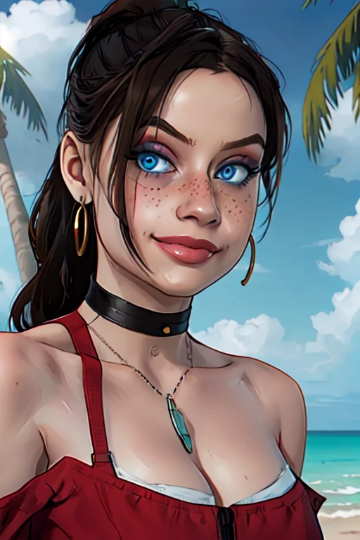 (masterpiece, best quality:1.2), claired, 1girl, low ponytail, brown hair, blue eyes, long hair, solo, red dress, bare shoulders,  lips, smirk, black choker, hoop earrings, metallic, upper body, small breasts, blush, eyeliner, nose blush, freckles, looking at viewer, outdoors, beach, palm tree, (detailed, highres:1.2), egirlmakeup