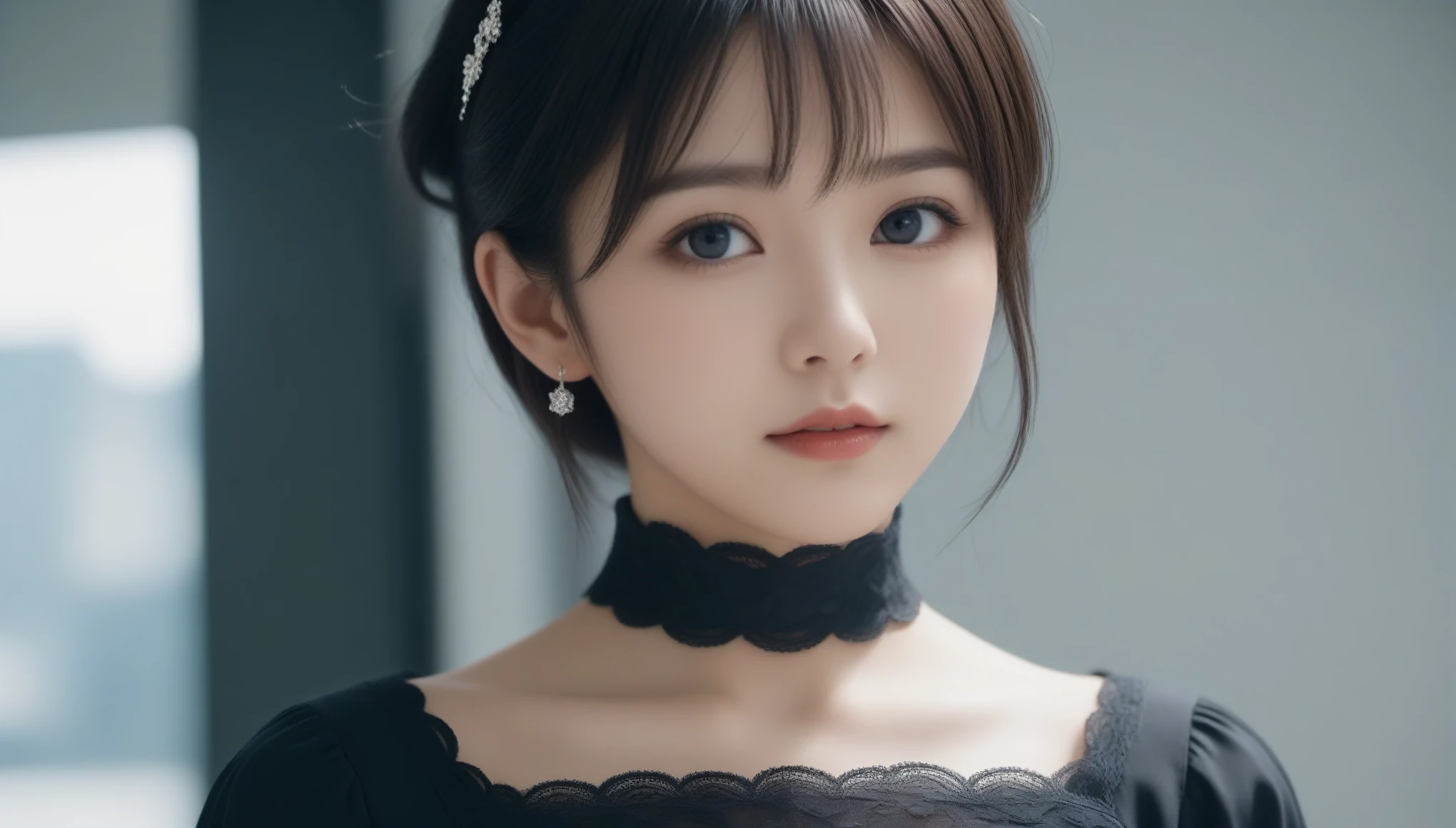 8k, Ultra-high resolution, Highest quality, masterpiece, 三分割法によるphotograph,Surreal, photograph, 1 Girl, (16 years old:1.3), pretty girl, Cute Face, Beautiful eyes in every detail, 細かくdetailedに,masterpiece,One Girl:1.2,Japanese female announcer,extream close up,Serious expression,Black short hair,Messy hair,Maid Android,((Fusion of Gothic Lolita and Lolita fashion:1.3)),bracelet, chest, choker, clavicle, Earrings,Futuristic cityscape ,Perfect and beautiful face ,完璧でCute Face, Skin with attention to detail, Perfect limbs、Narrow waist,Looking at the audience,(((Ideal body type))),Aカップの小さなchest :2,Portraiture:2,Perfect Anatomy,鮮明なdetailed,detailed,Surreal,Light and shadow,spotlight