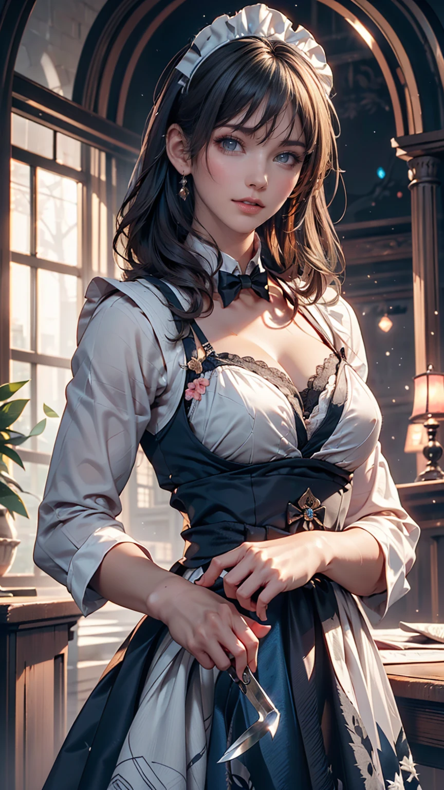 ((16 nights of divorce)), ((Oriental Project)), Cosplay, 20-year-old woman, (((Gray Hair)), ((Medium Spiky Hair)), ((Blue maid outfit)), ((White blouse)), Center of chest, (Light)))), (Pause))), (Photorealistic photography: 1.3), rim Lighting, (Skin with attention to detail:1.2), 8k ウルトラHD, Digital SLR, high quality, High resolution, 4K, 8k, Bokeh, Absurd, The optimal ratio is four fingers to one thumb, (Genuine:1.3), The cutest girl 1, Lots of knives