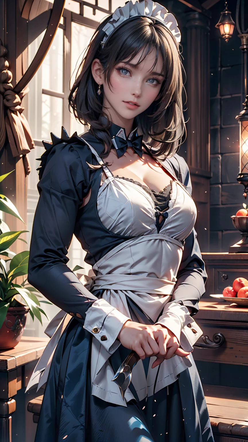 ((16 nights of divorce)), ((Oriental Project)), Cosplay, 20-year-old woman, (((Gray Hair)), ((Medium Spiky Hair)), ((Blue maid outfit)), ((White blouse)), Center of chest, (Light)))), (Pause))), (Photorealistic photography: 1.3), rim Lighting, (Skin with attention to detail:1.2), 8k ウルトラHD, Digital SLR, high quality, High resolution, 4K, 8k, Bokeh, Absurd, The optimal ratio is four fingers to one thumb, (Genuine:1.3), The cutest girl 1, Lots of knives