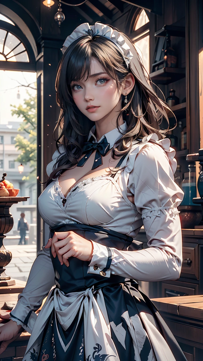 ((16 nights of divorce)), ((Oriental Project)), Cosplay, 20-year-old woman, (((Gray Hair)), ((Medium Spiky Hair)), ((Blue maid outfit)), ((White blouse)), Center of chest, (Light)))), (Pause))), (Photorealistic photography: 1.3), rim Lighting, (Skin with attention to detail:1.2), 8k ウルトラHD, Digital SLR, high quality, High resolution, 4K, 8k, Bokeh, Absurd, The optimal ratio is four fingers to one thumb, (Genuine:1.3), The cutest girl 1, Lots of knives
