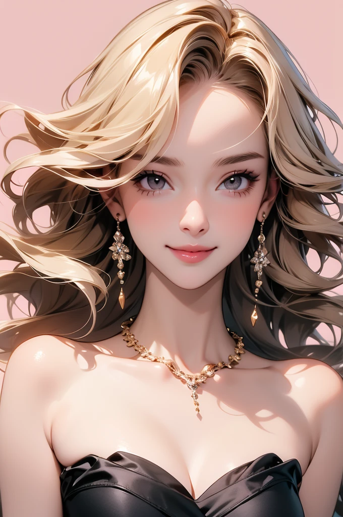 high resolution,smile,woman,woman1人,adult,Clear,cute, Blonde Hair,BREAK, Brown eyes,BREAK, Hostess,Black Dress,Diamond Necklace,BREAK, Facing forward,BREAK,Pink background,Light on head,
