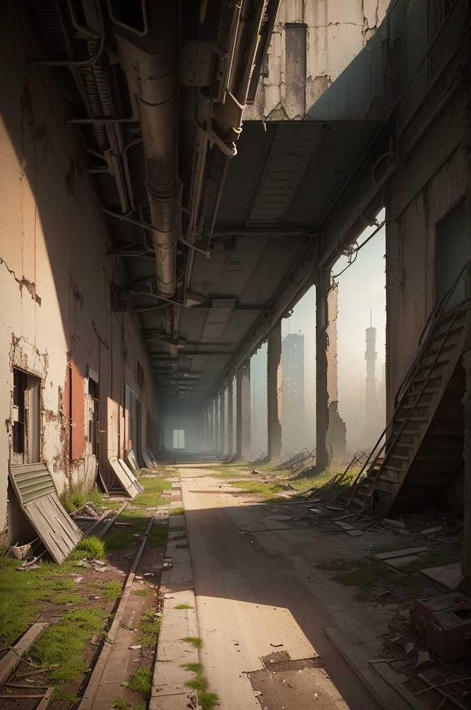 There is a photo of a building with many windows, post-apocalyptic factory, post apocalyptic scene, by senior Environmental artist, Post-apocalyptic atmosphere, [[Empty Warehouse]] background, post apocalyptic background, Environmental art, Post-End Day Setting, factory background, Post-Grunge Concept Art, urban concept art, Industrial environment, inspired by senior Environmental artist, environmental painting, soviet courtyard , ((low angle shot 1.7)) ((Camera lens close to the ground to shoot 1.8))