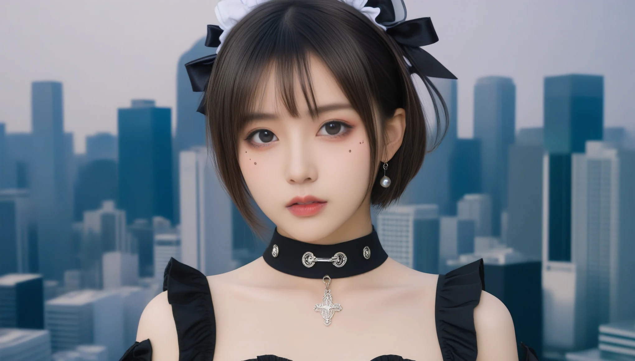 8k, Ultra-high resolution, Highest quality, masterpiece, 三分割法によるphotograph,Surreal, photograph, 1 Girl, (16 years old:1.3), pretty girl, Cute Face, Beautiful eyes in every detail, 細かくdetailedに,masterpiece,One Girl:1.2,Japanese female announcer,extream close up,Serious expression,Black short hair,Messy hair,Maid Android,((Fusion of Gothic Lolita and Lolita fashion:1.3)),bracelet, chest, choker, clavicle, Earrings,Futuristic cityscape ,Perfect and beautiful face ,完璧でCute Face, Skin with attention to detail, Perfect limbs、Narrow waist,Looking at the audience,(((Ideal body type))),Aカップの小さなchest :2,Portraiture:2,Perfect Anatomy,鮮明なdetailed,detailed,Surreal,Light and shadow,spotlight