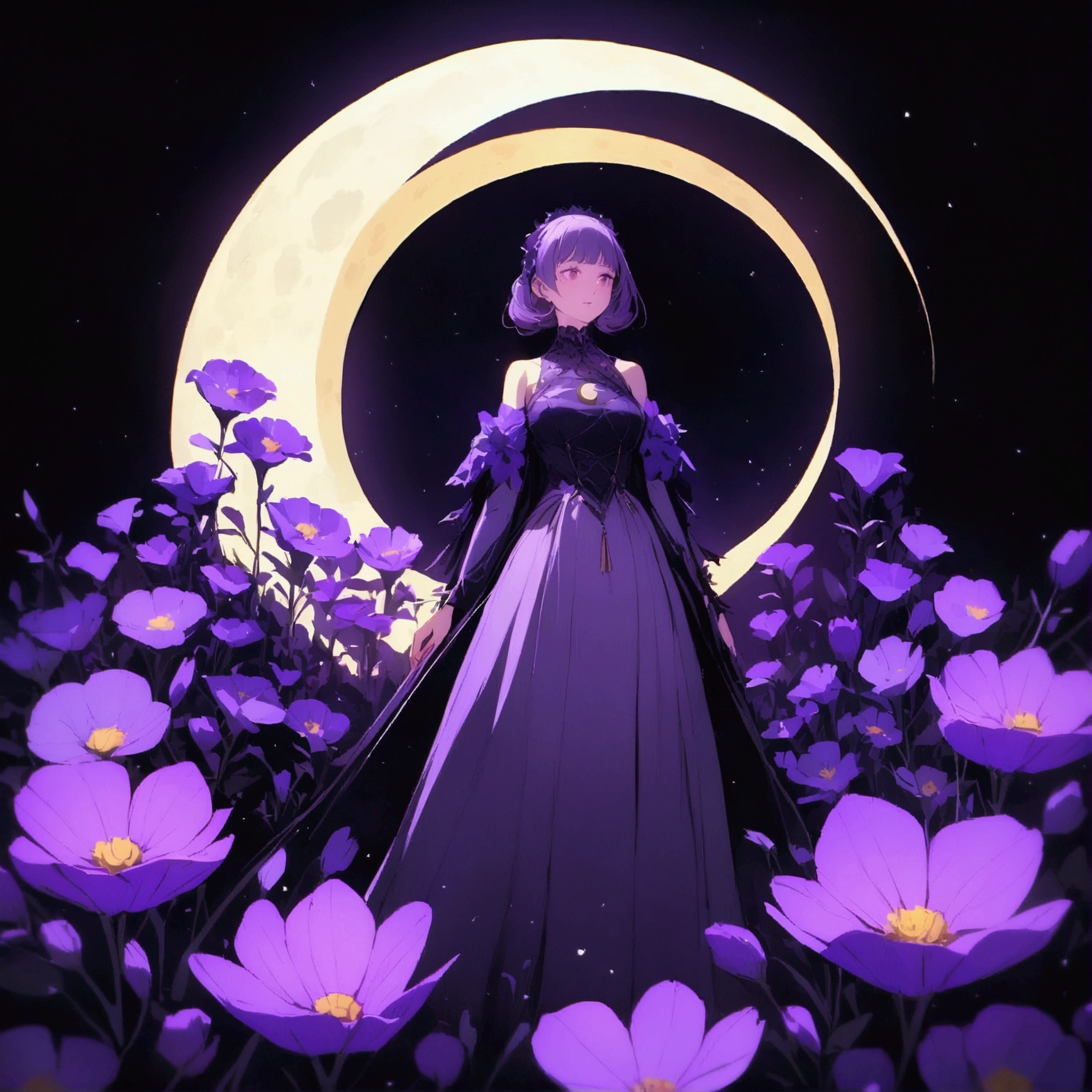 Woman surrounded by purple flowers Simple Nostalgic Large crescent moon