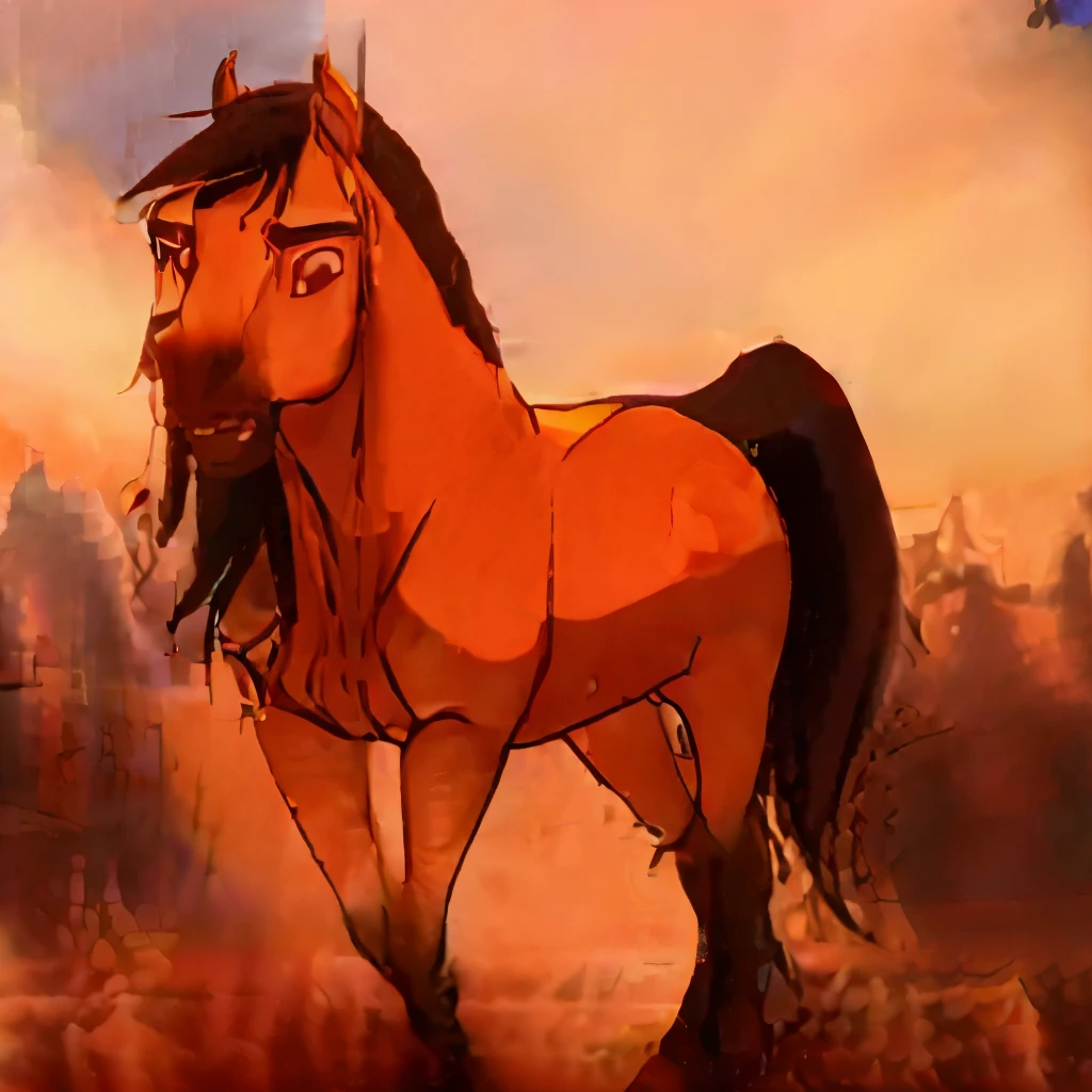 spirit was saddled by a girl with long brown hair, a purple handkerchief on her belt, black breeches and riding boots with a picture of fire. Spirit was homesick, but in order not to upset the girl, he stayed with her.