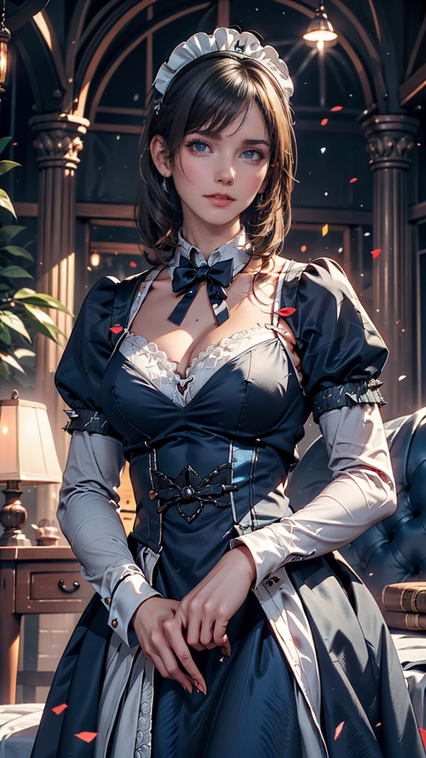 ((16 nights of divorce)), ((Oriental Project)), Cosplay, 20-year-old woman, (((Gray Hair)), ((Medium Spiky Hair)), ((Blue maid outfit)), ((White blouse)), Center of chest, (Light)))), (Pause))), (Photorealistic photography: 1.3), rim Lighting, (Skin with attention to detail:1.2), 8k ウルトラHD, Digital SLR, high quality, High resolution, 4K, 8k, Bokeh, Absurd, The optimal ratio is four fingers to one thumb, (Genuine:1.3), The cutest girl 1, Lots of knives