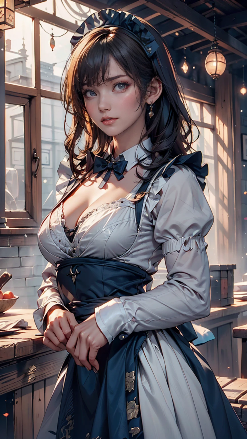 ((16 nights of divorce)), ((Oriental Project)), Cosplay, 20-year-old woman, (((Gray Hair)), ((Medium Spiky Hair)), ((Blue maid outfit)), ((White blouse)), Center of chest, (Light)))), (Pause))), (Photorealistic photography: 1.3), rim Lighting, (Skin with attention to detail:1.2), 8k ウルトラHD, Digital SLR, high quality, High resolution, 4K, 8k, Bokeh, Absurd, The optimal ratio is four fingers to one thumb, (Genuine:1.3), The cutest girl 1, Lots of knives