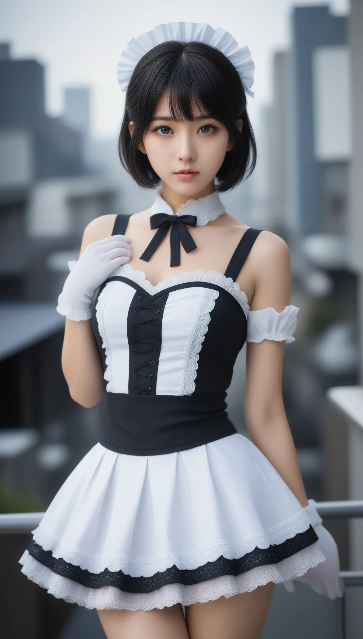 8k, Ultra-high resolution, Highest quality, masterpiece, 三分割法によるphotograph,Surreal, photograph, 1 Girl, (16 years old:1.3), pretty girl, Cute Face, Beautiful eyes in every detail, 細かくdetailedに,masterpiece,One Girl:1.2,Japanese female announcer,full body,Serious expression,Black short hair,Messy hair,Maid Android,((Fusion of Gothic Lolita and Lolita fashion:1.3)),bracelet, chest, choker, clavicle,Beautiful leg line beauty,Futuristic cityscape ,Perfect and beautiful face ,完璧でCute Face, Skin with attention to detail, Perfect limbs、Narrow waist,Looking at the audience,(((Ideal body type))),Aカップの小さなchest :2,Portraiture:2,Perfect Anatomy,鮮明なdetailed,detailed,Surreal,Light and shadow,spotlight