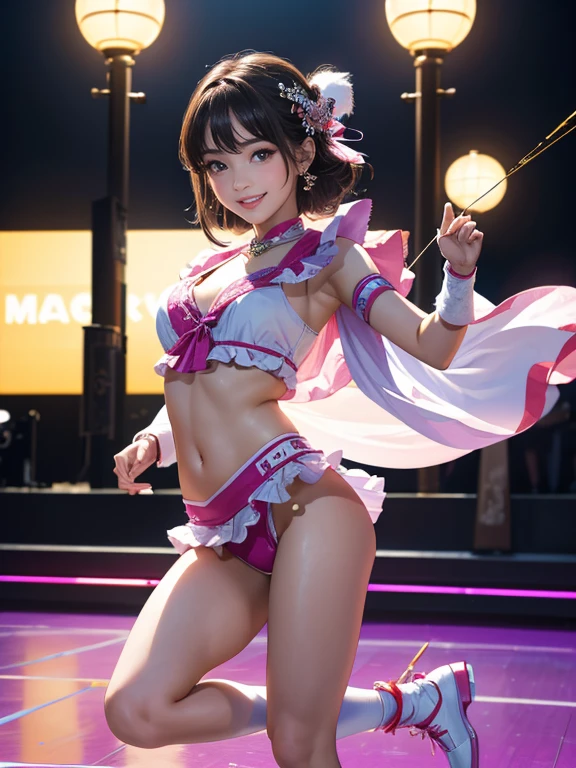 (Highest quality、 8k 、masterpiece、High resolution)、(Dancer)、Full Body Shot、 girl、Idol Group、cute、Dancing with a smile、Outdoor Stage、AKB48 Costumes、Realistic、Official Art、Detailed CG、Professional Lighting、Professional photographer、(Depth of written boundary:1.3)、