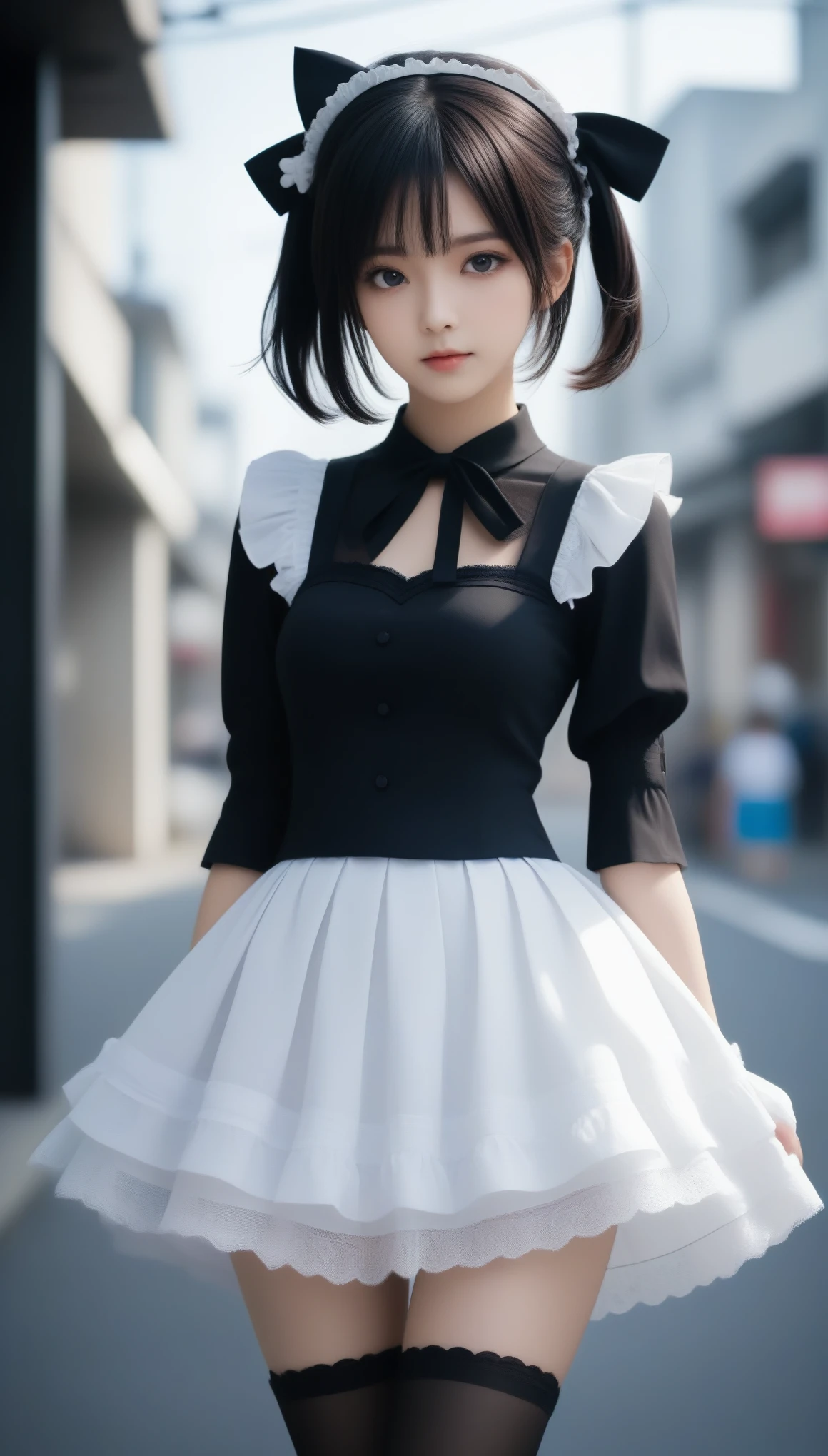8k, Ultra-high resolution, Highest quality, masterpiece, 三分割法によるphotograph,Surreal, photograph, 1 Girl, (16 years old:1.3), pretty girl, Cute Face, Beautiful eyes in every detail, 細かくdetailedに,masterpiece,One Girl:1.2,Japanese female announcer,full body,Serious expression,Black short hair,Messy hair,Maid Android,((Fusion of Gothic Lolita and Lolita fashion:1.3)),bracelet, chest, choker, clavicle,Beautiful leg line beauty,Futuristic cityscape ,Perfect and beautiful face ,完璧でCute Face, Skin with attention to detail, Perfect limbs、Narrow waist,Looking at the audience,(((Ideal body type))),Aカップの小さなchest :2,Portraiture:2,Perfect ???????,鮮明なdetailed,detailed,Surreal,Light and shadow,spotlight