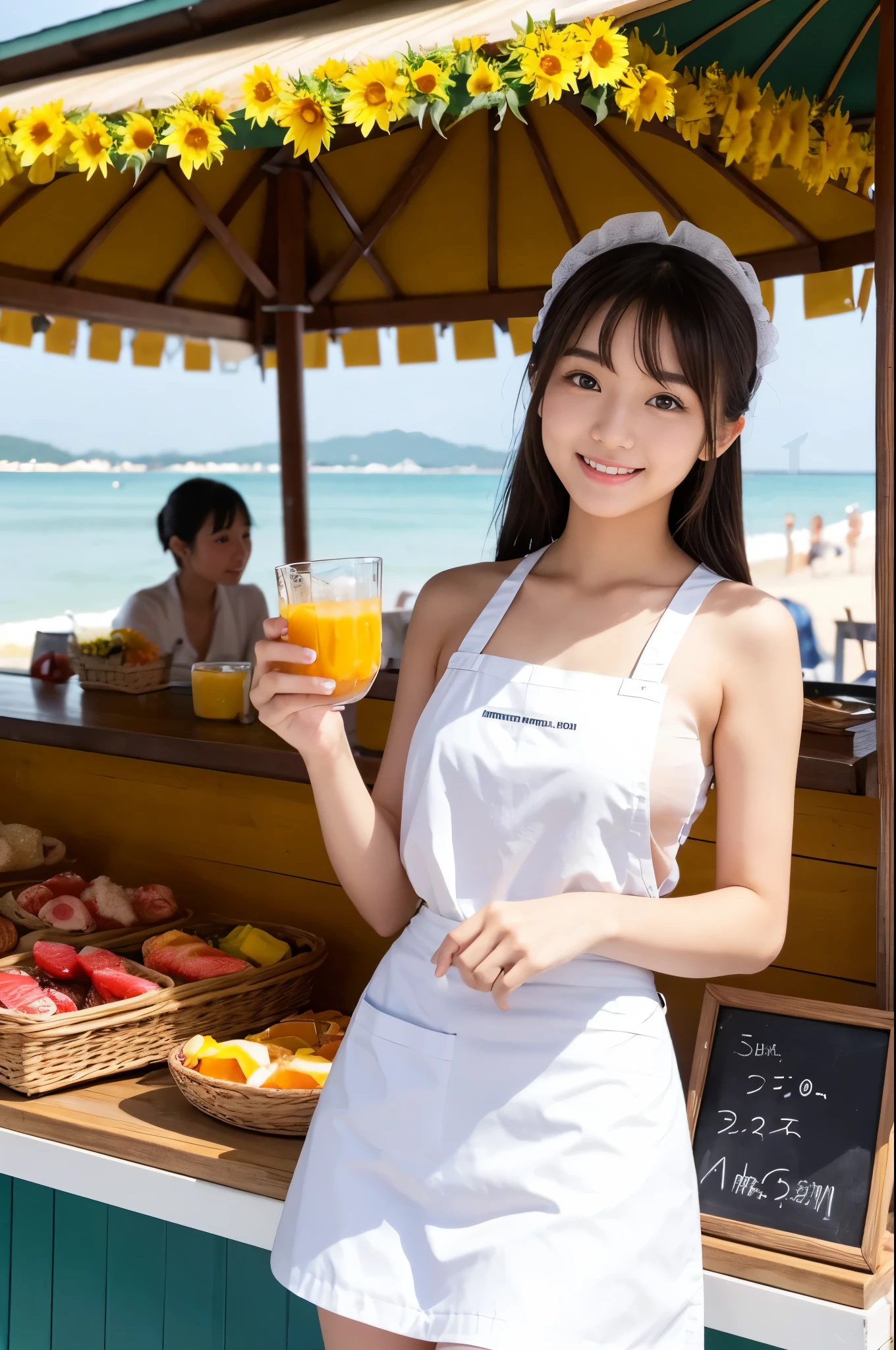 20 years old girl (Japanese pretty face) is wearing white apron, mini skirt at the beach bar with sunflower