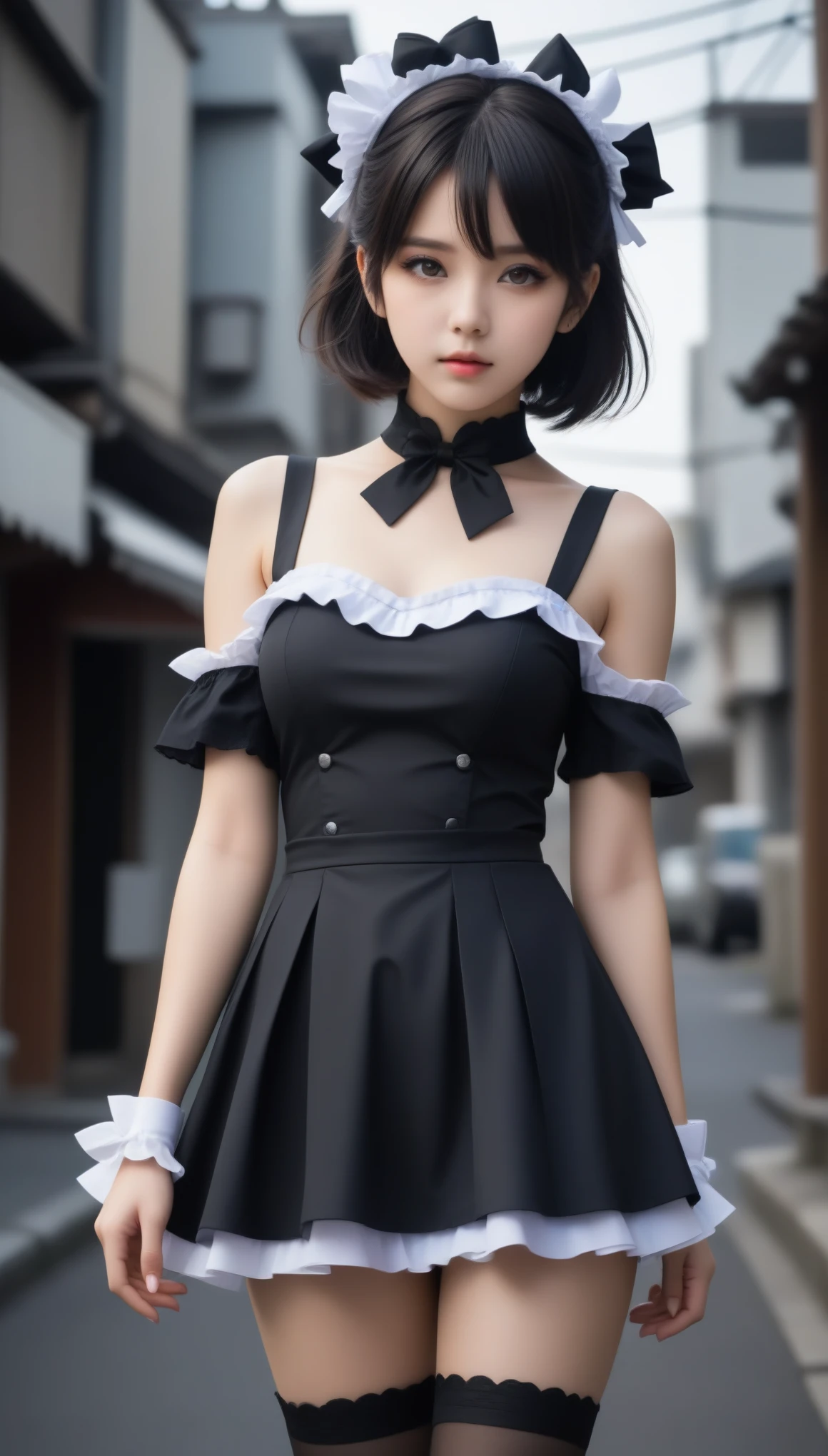 8k, Ultra-high resolution, Highest quality, masterpiece, 三分割法によるphotograph,Surreal, photograph, 1 Girl, (16 years old:1.3), pretty girl, Cute Face, Beautiful eyes in every detail, 細かくdetailedに,masterpiece,One Girl:1.2,Japanese female announcer,full body,Serious expression,Black short hair,Messy hair,Maid Android,((Fusion of Gothic Lolita and Lolita fashion:1.3)),bracelet, chest, choker, clavicle,Beautiful leg line beauty,Futuristic cityscape ,Perfect and beautiful face ,完璧でCute Face, Skin with attention to detail, Perfect limbs、Narrow waist,Looking at the audience,(((Ideal body type))),Aカップの小さなchest :2,Portraiture:2,Perfect Anatomy,鮮明なdetailed,detailed,Surreal,Light and shadow,spotlight
