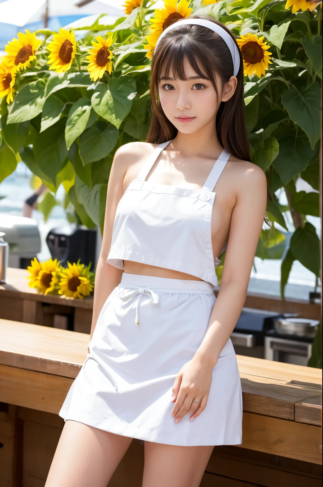 20 years old girl (Japanese pretty face) is wearing white apron, mini skirt at the beach bar with sunflower