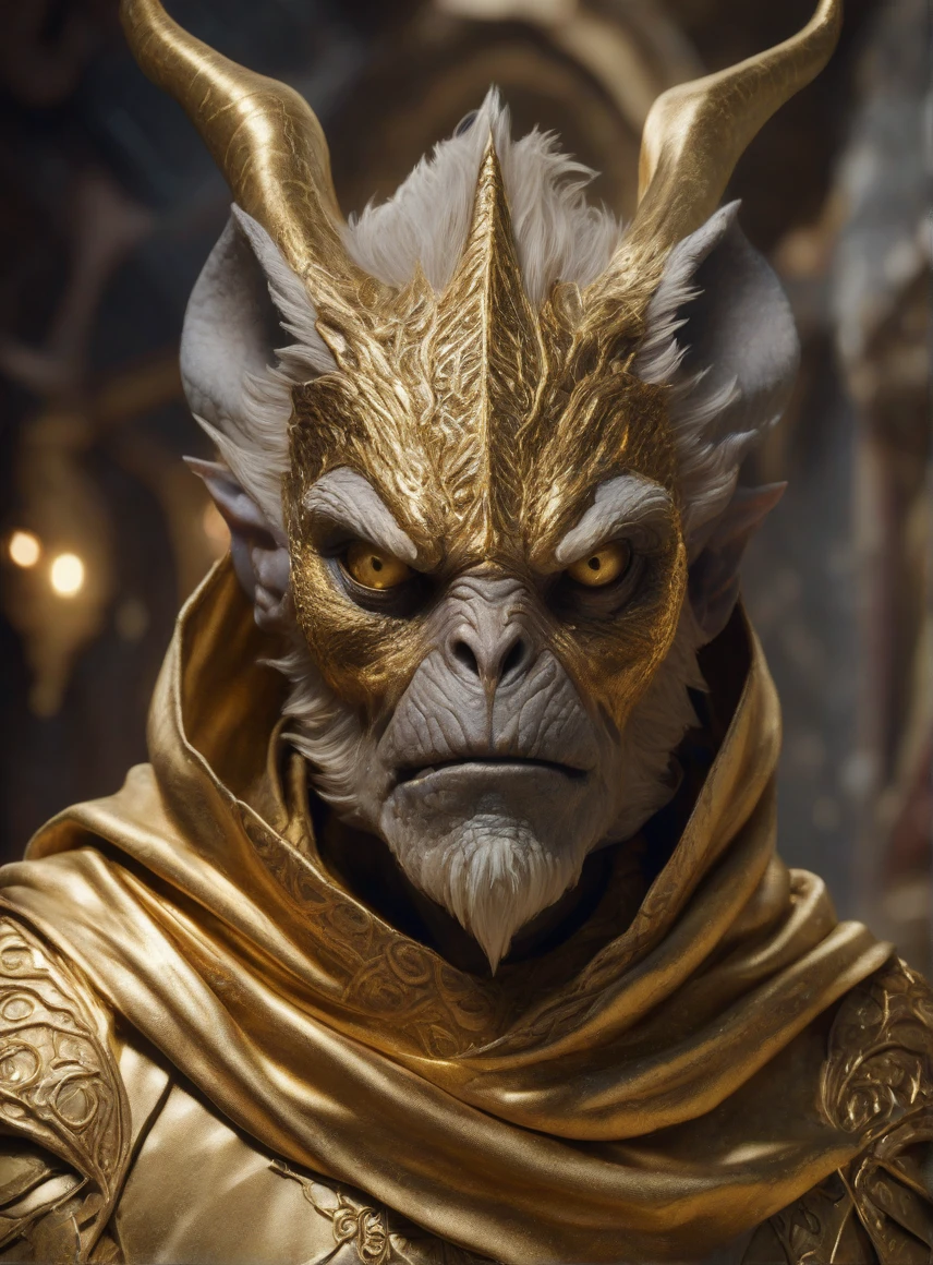 Cinematic close-up, strong posture, intimidating expression, A fantastical creature that combines the best qualities of humans, animal, and mythological features, wearing shabby gold robes, Worn Mage Costume, A ragged scarf flutters around my neck,