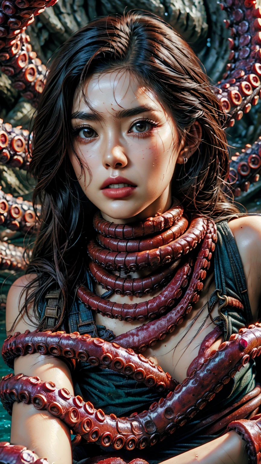 Lots of tentacles attached to the girl's chest, best quality, masterpiece, super high resolution, (realism: 1.4)
