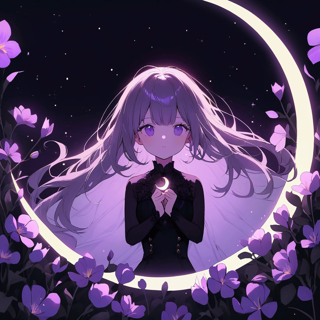 Woman surrounded by purple flowers Simple Nostalgic Large crescent moon