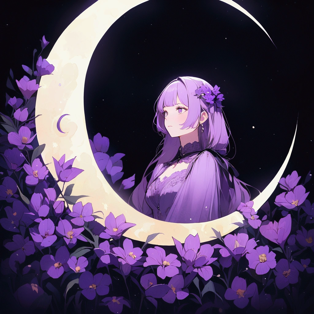 Woman surrounded by purple flowers Simple Nostalgic Large crescent moon