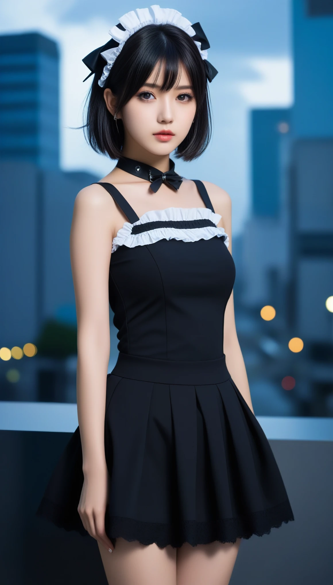 8k, Ultra-high resolution, Highest quality, masterpiece, 三分割法によるphotograph,Surreal, photograph, 1 Girl, (:1.3), pretty girl, Cute Face, Beautiful eyes in every detail, 細かくdetailedに,masterpiece,One Girl:1.2,Japanese female announcer,full body,Serious expression,Black short hair,Messy hair,Maid Android,((Fusion of Gothic Lolita and La fashion:1,Pencil Skirt,bracelet, chest, choker, clavicle,Beautiful leg line beauty,Futuristic cityscape ,Perfect and beautiful face ,完璧でCute Face, Skin with attention to detail, Perfect limbs、Narrow waist,Looking at the audience,(((Ideal body type))),Aカップの小さなchest :2,Portraiture:2,Perfect Anatomy,鮮明なdetailed,detailed,Surreal,Light and shadow,spotlight